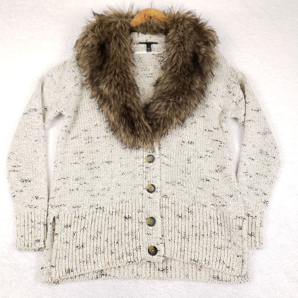 Lane Bryant Faux Fur Collar Cardigan Sweater Gold Metallic Marled Knit 14/16